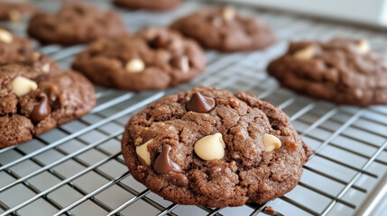 Fototapeta premium Cookies red chocolate candy chips on a cooling rack