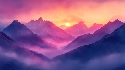 Fototapeta premium Majestic Sunset over Misty Mountains: A Serene Landscape