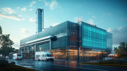 Modern hospital building featuring glass facade and advanced architectural design, with ambulances parked outside, ready for emergencies.