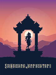 Krishana Janmashtami background, Janmashtami or Gokulashtami festival vector with Lord Krishna playing flute vector illustration, wishes and invitation poster card design, congratula