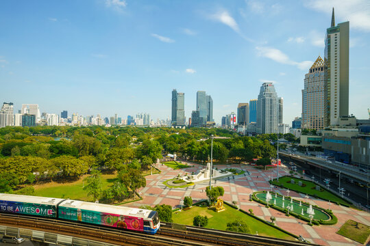 Aerial view of Bangkok city with Lumphini Park from above in Thailand, Construction of large buildings in Bangkok