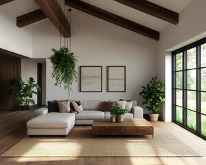 Loftstyle living room with high ceilings, exposed beams, and hanging plants, Modern architecture, Rustic urban living