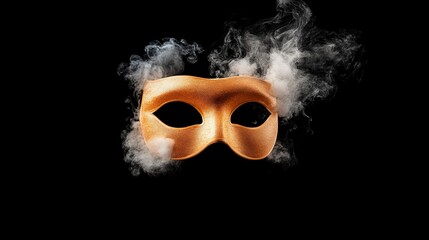 A golden mask emerges from swirling smoke, creating a mysterious and dramatic atmosphere.