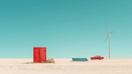 Naklejka premium Desert Landscape with Red Shed, Solar Panels, and Wind Turbine