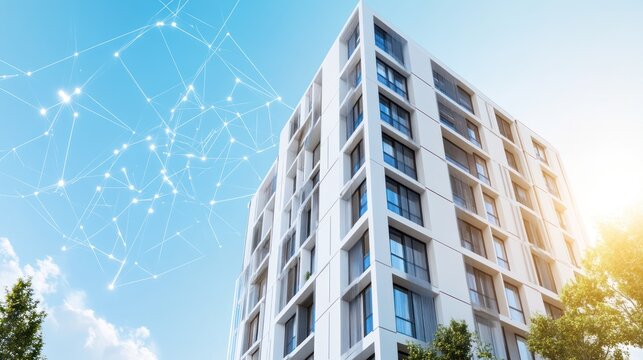 Modern smart apartment building with digital network connection.