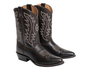 Genuine Leather Cowboy Boots, Western Style, Embroidered Design, Black Color, Pair of Boots