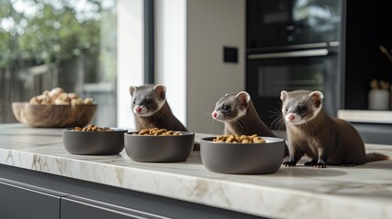 Fototapeta na wymiar Three adorable ferrets enjoying their meal in a modern kitchen