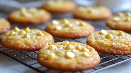 Cookies yellow chocolate candy chips on a cooling rack