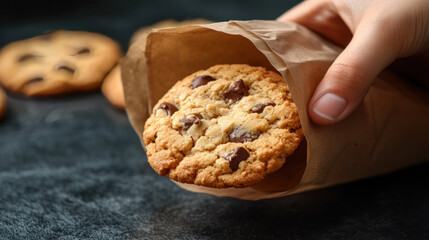 A hand grabbing a cookie from a paper bag, food festive event