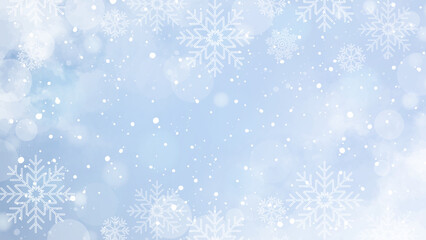 Winter background with watercolor snow texture and falling snowflakes. Winter sky background. Snowy sky. Cold weather.