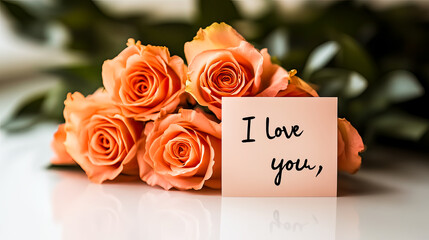 a delicate bouquet of fresh flowers with a handwritten love note saying "I love you,"
