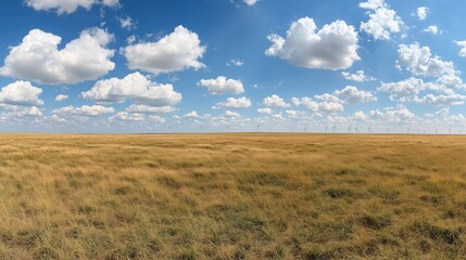 Fototapeta premium Vast Open Landscape with Wind Turbines and Cloudy Sky