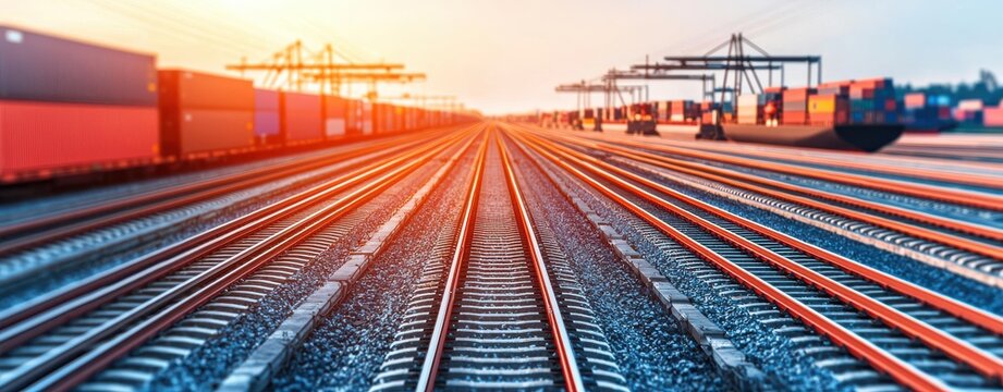 A vibrant railway scene at sunset, showcasing parallel tracks leading to a busy cargo terminal with shipping containers.