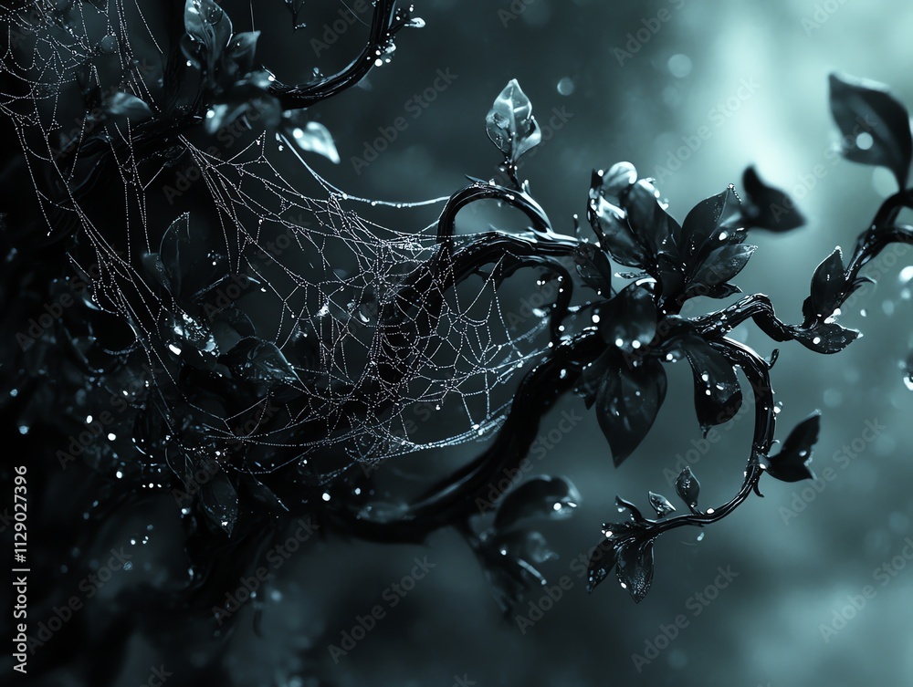 Poster A close-up of a spiderweb adorned with droplets on dark foliage, creating a mystical atmosphere.