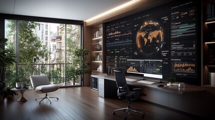 Futuristic AI Powered Entrepreneurial Workspace with Glowing Analytics Dashboards