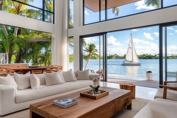 Living room with sea view and cozy sofa
