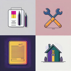 Home renovation-themed icons featuring tools, house designs, and maintenance symbols for professional and DIY projects.