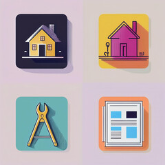 Home renovation-themed icons featuring tools, house designs, and maintenance symbols for professional and DIY projects.