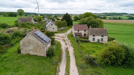 Fototapeta premium Aerial View of Abandoned Village Surrounded by Lush Green Fields