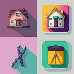 Home renovation-themed icons featuring tools, house designs, and maintenance symbols for professional and DIY projects.