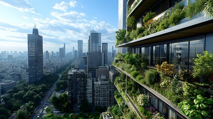 Obraz premium Futuristic Cityscape with Integrated Renewable Solar Energy and Green Rooftops