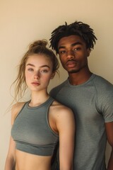Fototapeta premium Young adults posing together in casual athletic wear against a neutral backdrop showcasing natural beauty and fitness