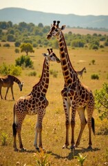An image of two wild giraffes, a baby and an adult, standing in a grassy savanna under a clear sky.
