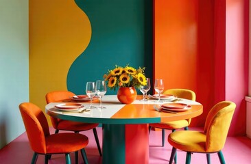 Modern colorful chairs at dining table under pastel lamps in living room interior with pillows on settee against wall with poster