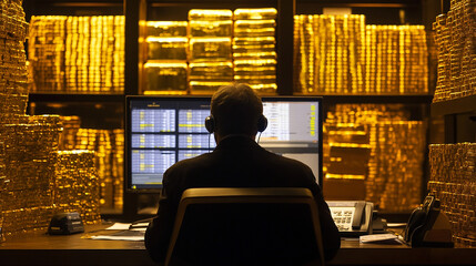 Obraz premium A trader monitors live market data to make decisions on gold and oil in 2025.