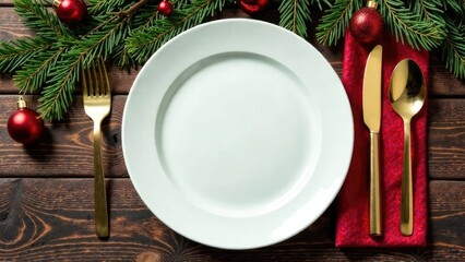 Christmas table setting top view, plate, fork, spoon, knife on the table, festive food setting