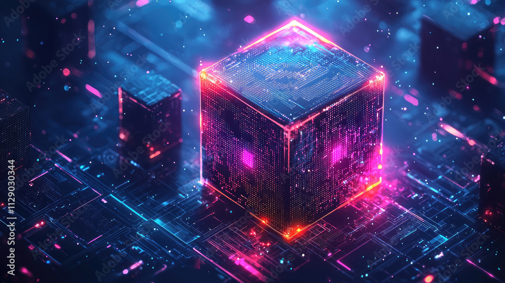 Wall mural cube of digital data in dark futuristic cyberspace, glowing block with neon cyber energy like abstra