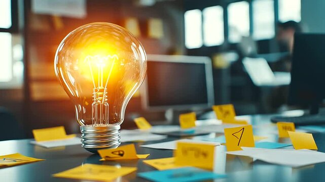 A large light bulb drawing glows with bright yellow, surrounded by scattered sticky notes covered in hand-drawn arrows, ideas, and symbols, creating a colorful brainstorming scene.