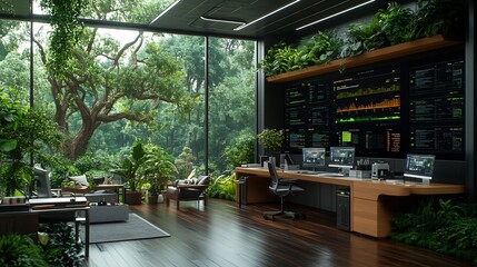 Futuristic Workspace Visualizing Environmental Data Powered by Advanced Analytics and Technology