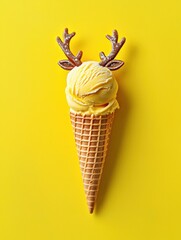 Delightful reindeer ice cream cone on yellow background food art