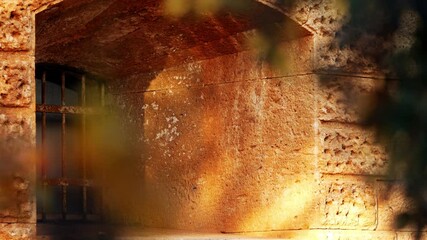 Outer stone window wall of fort sunset. Iconic Fort Bourguignon (Fort Monsival) is one of many fortresses in Pula, Croatia that were built by Austrian Empire. Pula, Croatia - December 1, 2024