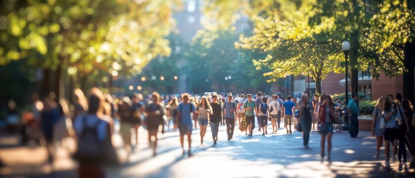 Dynamic student crowd on vibrant college campus on sunny day