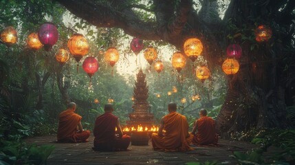 Four Buddhist Monks Meditating Under a Tree Lit by Lanterns