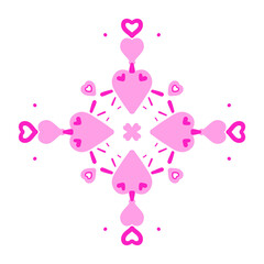 Symmetrical pink heart design featuring bold geometric shapes and small heart accents on transparent background, creating a romantic and playful pattern ideal for Valentine's Day or decorative art