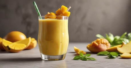 Fototapeta premium Thick mango smoothie, chunks of mango visible , blended, beverage, vibrant