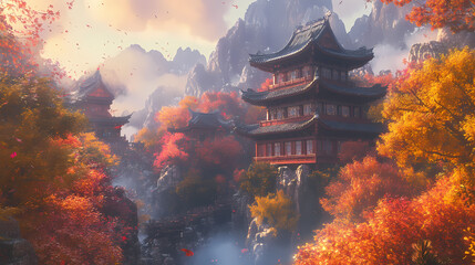 A stunning view of a traditional asian temple surrounded by vibrant autumn foliage, creating a tranquil and picturesque setting in nature. Echo. Illustration