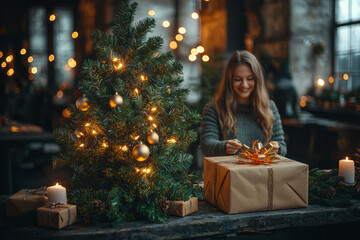 A cozy office scene with employees gathered around a Christmas tree, exchanging wrapped gifts and laughing, with festive decorations and warm lighting enhancing the cheerful atmosphere,