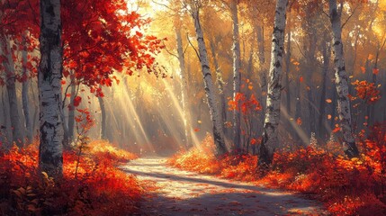 Autumnal Path: Sunbeams Through Birch Forest