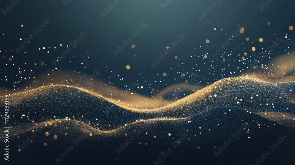 Aufkleber Golden glitter forms a flowing wave against a dark backdrop, providing ample space for text or design elements to enhance creativity. Generative AI