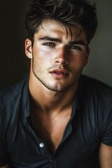 Fototapeta premium Portrait of a young man with captivating blue eyes and tousled hair wearing a dark shirt against a muted background, highlighting natural features and strong expression