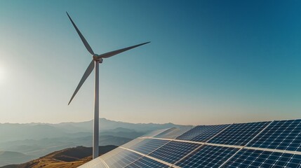 Wind Turbine and Solar Panels Under Clear Blue Sky at Sunset