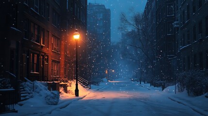 A snowy street with a street light and a bench