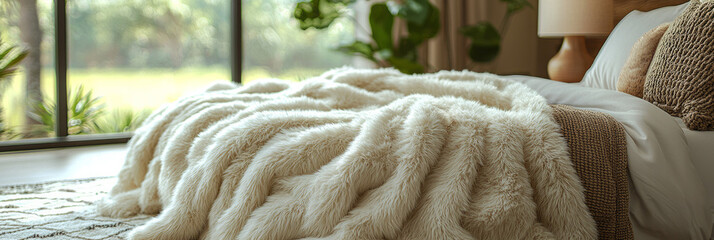 An elegant scene of a faux fur throw blanket draped over a bed, with warm lighting and a subtle message about compassionate living,