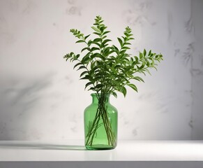 Glass vase filled with a single shoot of zuzu plant on a low-key green surface in front of a bright and clean white wall , zuzu plant, green tablecloth