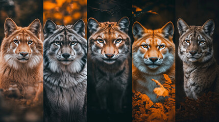 Diverse wildlife portraits of wild cats in natural settings