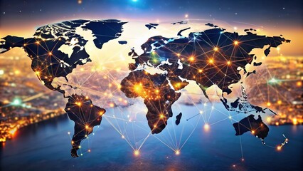 Illuminated World Map Showcasing Global Economic Interconnectedness in a Digital Age with Bokeh Effect for Enhanced Visual Appeal and Engagement